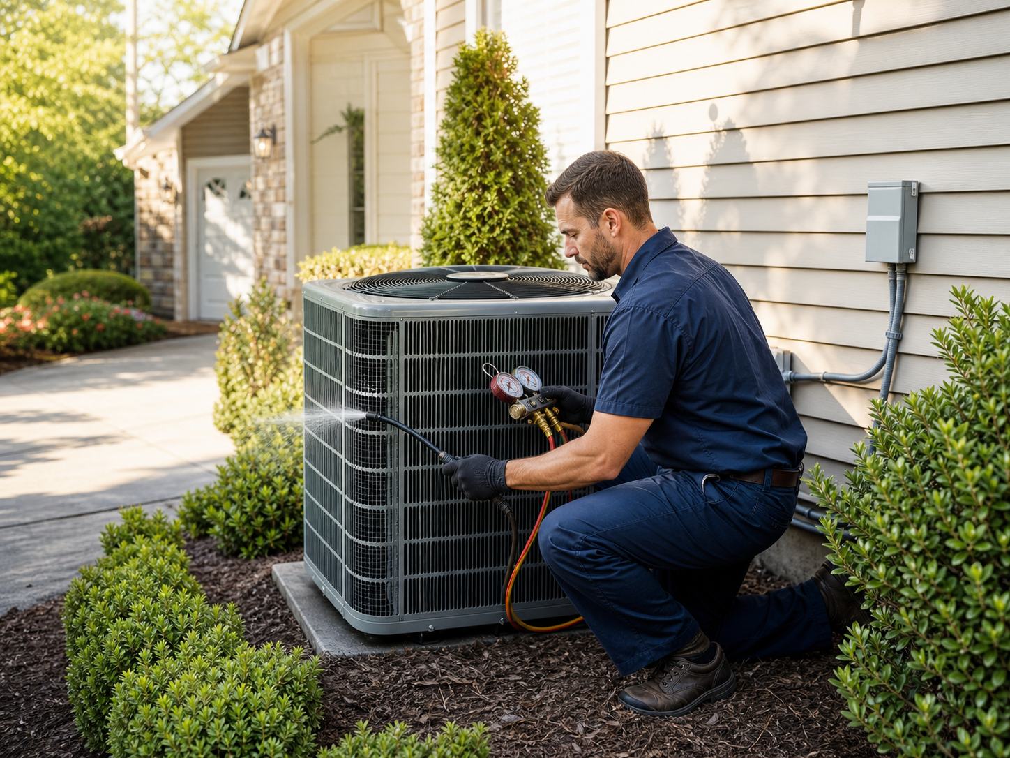 HVAC technician performing seasonal preventive maintenance